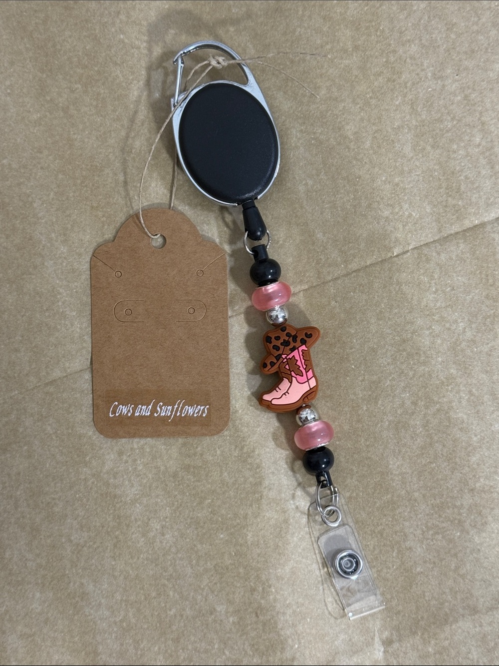 Pink Cowboy Boot Beaded Badge Reel Lanyard